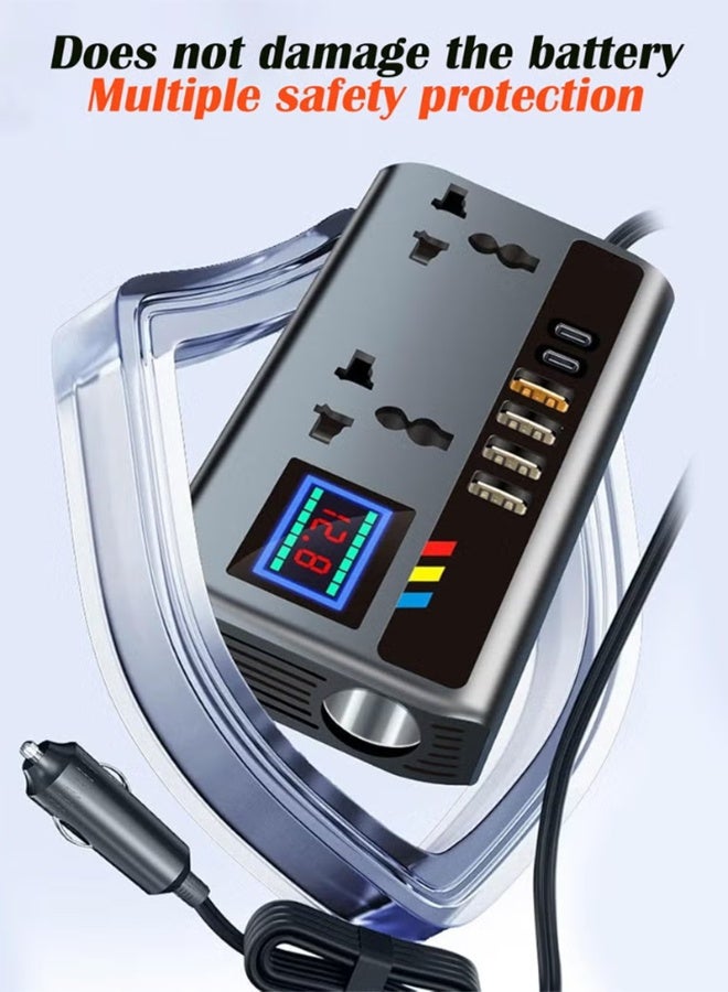 بكومور محول طاقة للسيارة بقدرة 200 واط، يحول التيار المستمر من 12 فولت/24 فولت إلى 220 فولت تيار متردد، مزود بمنافذ USB وType-C، وشاشة عرض جهد LCD، ومفتاح تشغيل مدمج، ومحول طاقة محمول متوافق مع السيارات والشاحنات. - Image 5